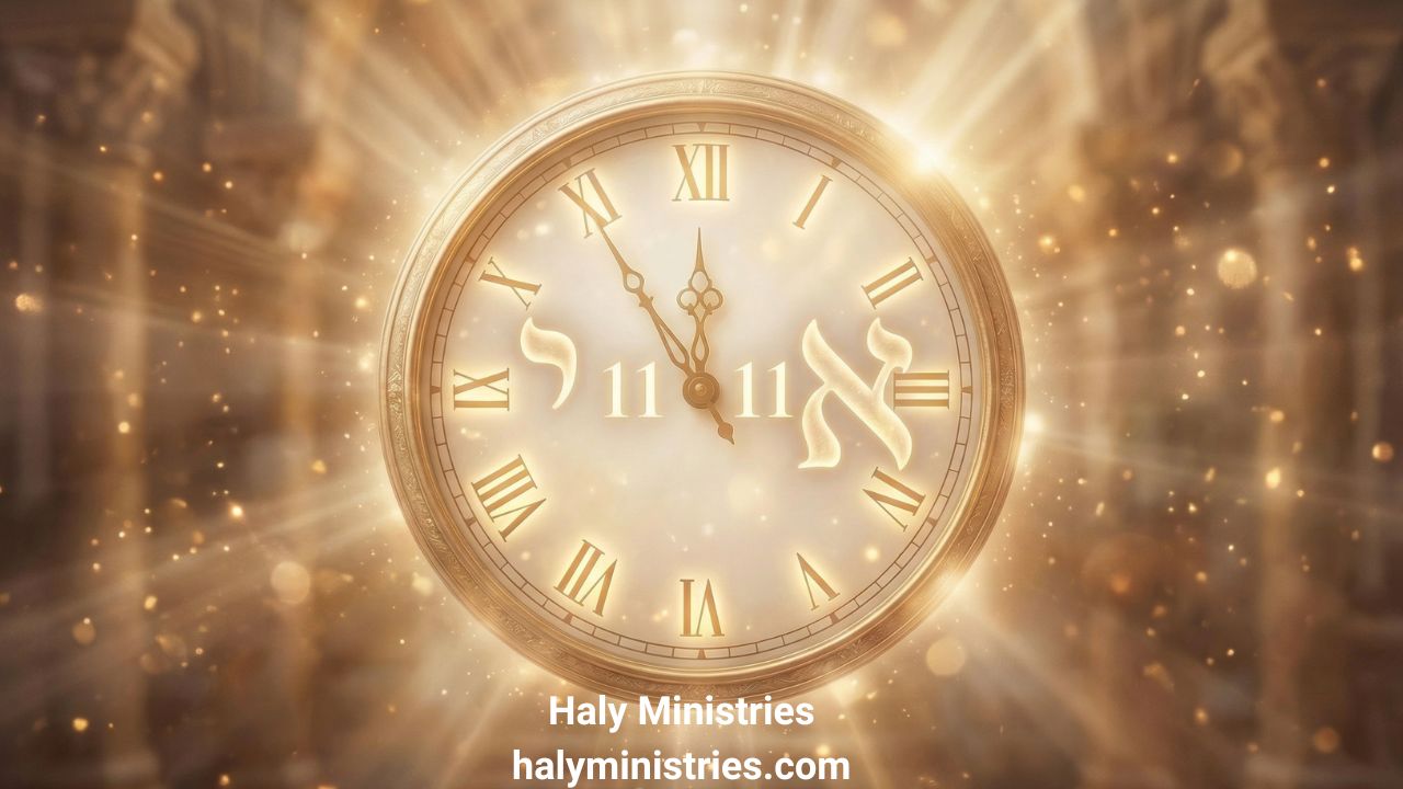 A glowing clock showing 11:11 surrounded by golden light illustrating the 11:11 meaning in the Bible from a Hebrew perspective by Haly Ministries.