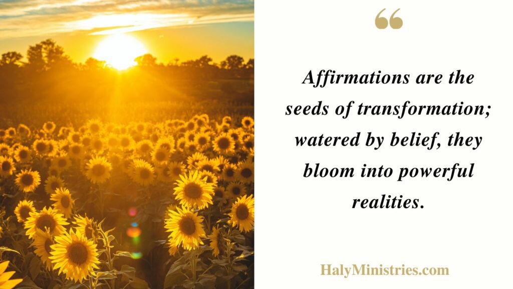 Affirmations are the seeds of transformation; watered by belief, they bloom into powerful realities. -Haly Ministries Quote
