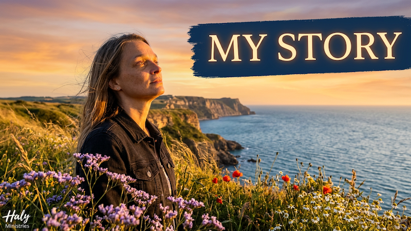 About Haly - Founder of Haly Ministries - a woman standing among wildflowers overlooking the sea