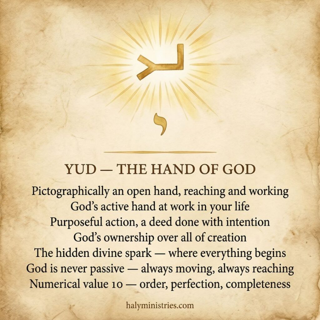Ancient Hebrew pictograph of the letter Yud depicted as an open hand reaching down, representing God's active hand at work in our lives, illustrating the meaning of Yud from a Hebrew perspective by Haly Ministries