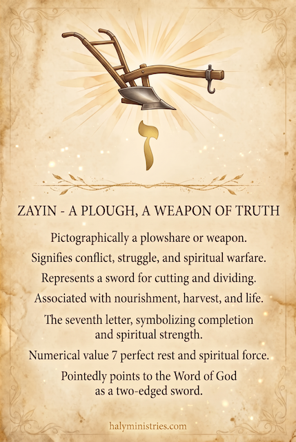 Hebrew letter Zayin pictured as a golden plough with the Zayin letter glowing beneath it, symbolizing the seventh Hebrew letter's meaning of breaking ground, spiritual warfare and the Word of God as a two-edged sword, Haly Ministries