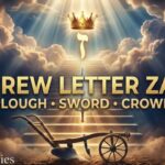 Hebrew letter Zayin pictured as a golden staircase rising through clouds, with a plough at the bottom, a sword planted midway, and a crown at the top, symbolizing the seventh Hebrew letter's meaning of breaking ground, spiritual battle, and reigning with Christ, Haly Ministries