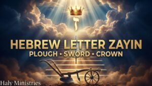 Hebrew letter Zayin pictured as a golden staircase rising through clouds, with a plough at the bottom, a sword planted midway, and a crown at the top, symbolizing the seventh Hebrew letter's meaning of breaking ground, spiritual battle, and reigning with Christ, Haly Ministries