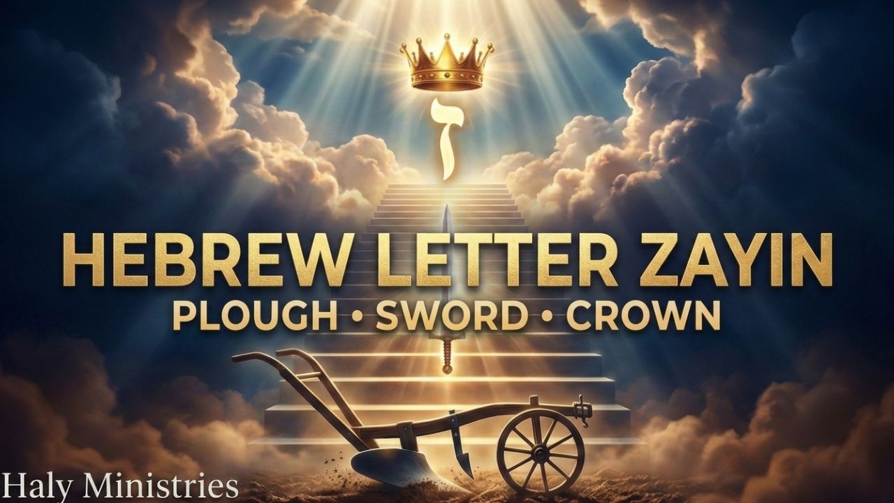 Hebrew letter Zayin pictured as a golden staircase rising through clouds, with a plough at the bottom, a sword planted midway, and a crown at the top, symbolizing the seventh Hebrew letter's meaning of breaking ground, spiritual battle, and reigning with Christ, Haly Ministries