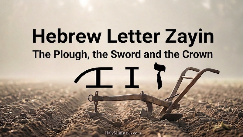 Hebrew letter Zayin represented through a plough, a sword, and a crown, alongside three Hebrew letters. The plough creates furrows in the earth.