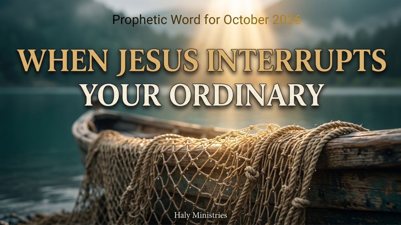 Wooden fishing boat and nets resting on a calm shoreline at sunset with gold text reading "When Jesus Interrupts Your Ordinary" and "Haly Ministries" centered at the bottom