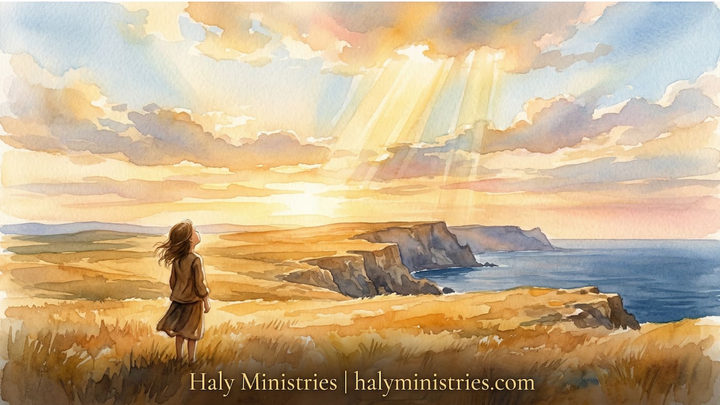 Young girl standing on Crimean cliffs looking up at heaven, golden steppe and Black Sea, watercolour illustration, About Haly, Haly Ministries