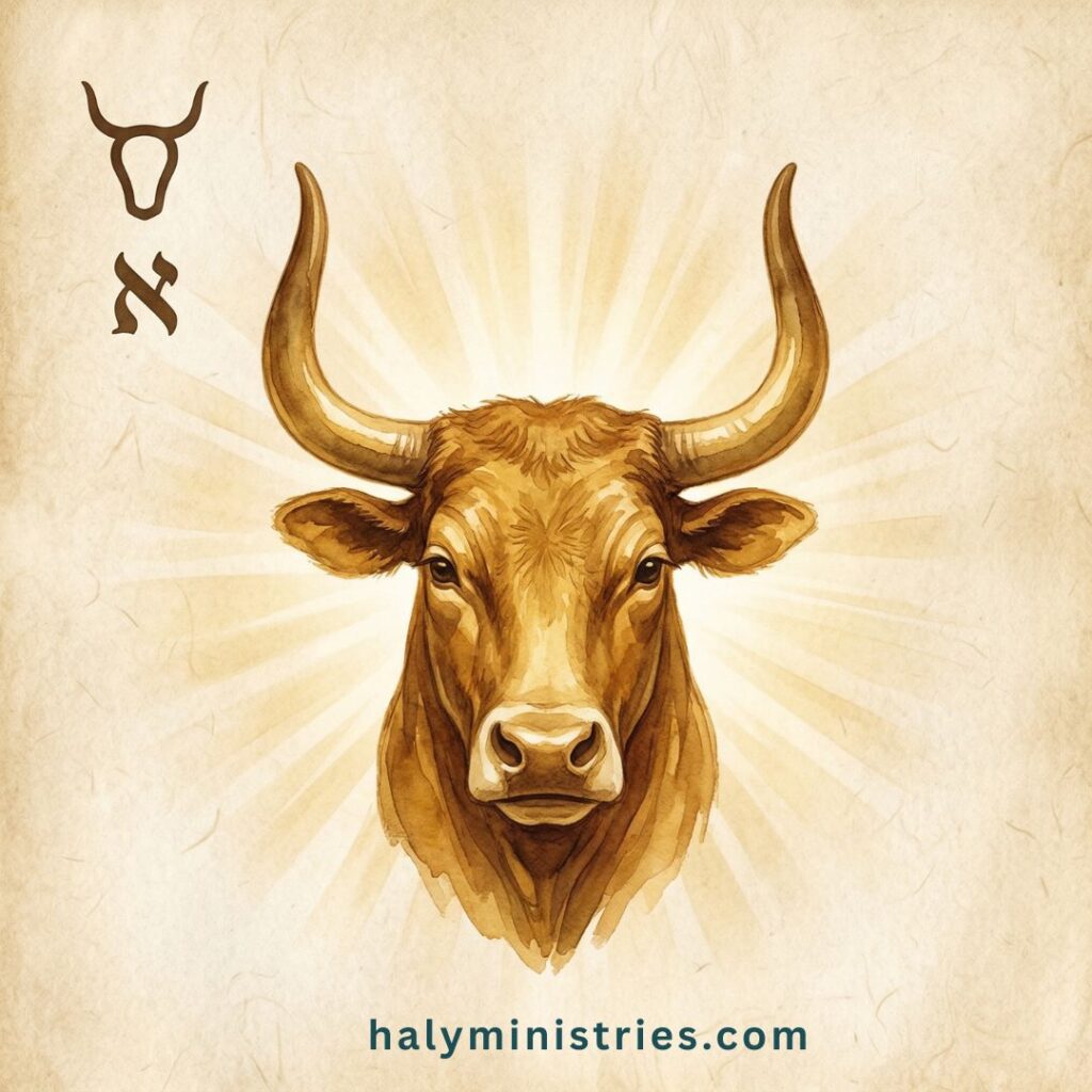 Ancient Hebrew pictograph of the letter Aleph depicted as the head of an ox, representing God's sovereign authority, supreme strength and leadership, illustrating the meaning of Aleph from a Hebrew perspective by Haly Ministries