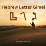 Hebrew letter Gimel Christian meaning showing three forms of the letter over a camel at desert sunrise representing forward movement and new seasons with Haly Ministries