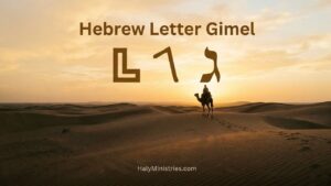 Hebrew letter Gimel Christian meaning showing three forms of the letter over a camel at desert sunrise representing forward movement and new seasons with Haly Ministries