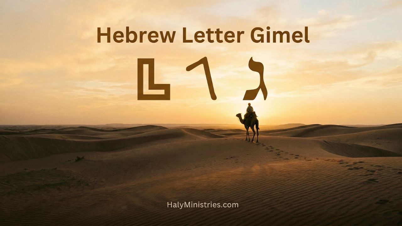 Hebrew letter Gimel Christian meaning showing three forms of the letter over a camel at desert sunrise representing forward movement and new seasons with Haly Ministries