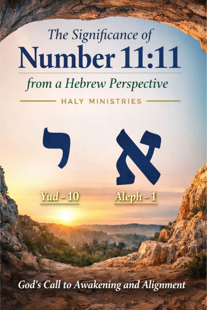 The Hebrew meaning of 11:11 explained by Haly Ministries through the letters Yud (10) and Aleph (1).