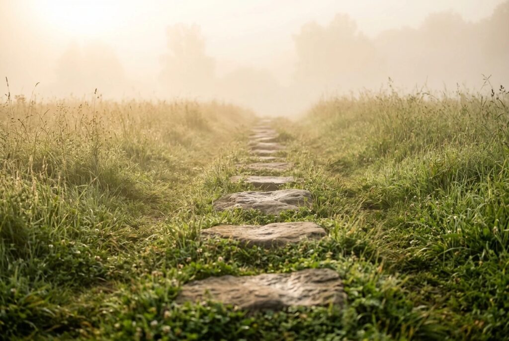 Stone steps leading through a misty meadow at sunrise, a picture of taking the next faithful step when the way ahead is unclear.