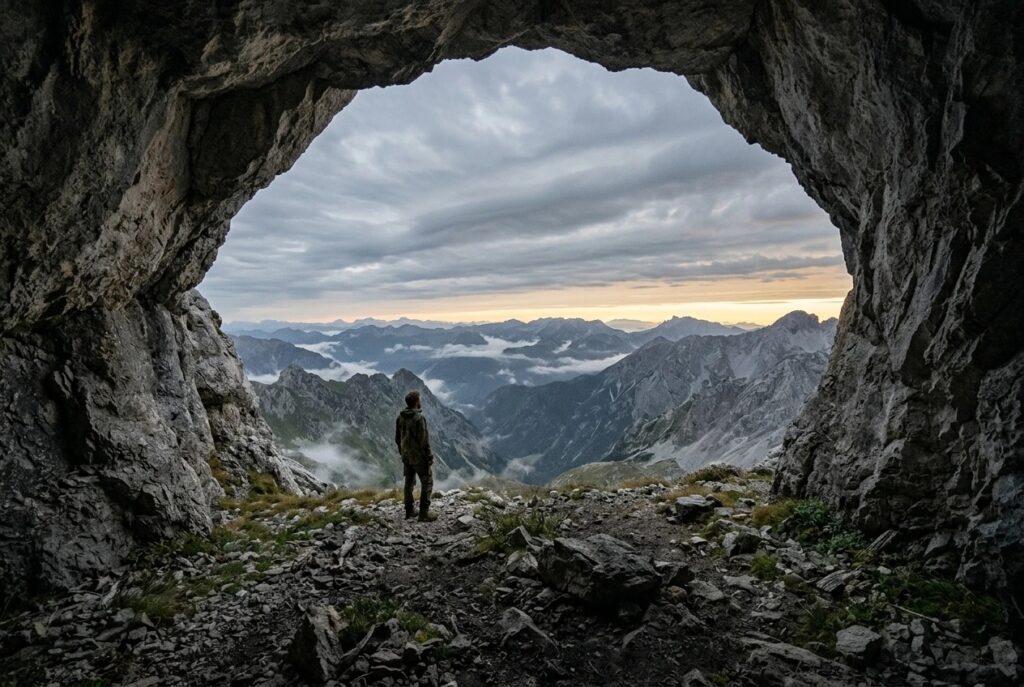 A lone figure standing at the mouth of a rocky mountain cave at dawn, with wind-blown clouds and a faint line of gold light on the horizon, conveying a quiet whisper after storm, fire and earthquake
