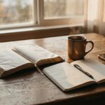 How to hear God’s voice: open Bible, journal and pen on a wooden table beside a warm cup of coffee at sunrise