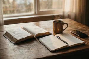 How to hear God’s voice: open Bible, journal and pen on a wooden table beside a warm cup of coffee at sunrise