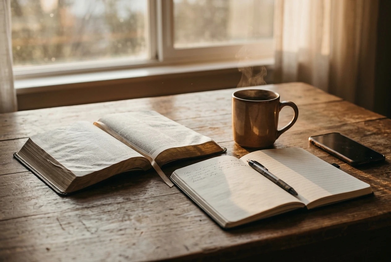 How to hear God’s voice: open Bible, journal and pen on a wooden table beside a warm cup of coffee at sunrise