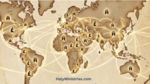 World map illustration featuring praying hands and a kneeling figures, symbolising two prophetic dreams about Donald Trump received by Haly Ministries prophetic voice to the nations in 2016 and 2020