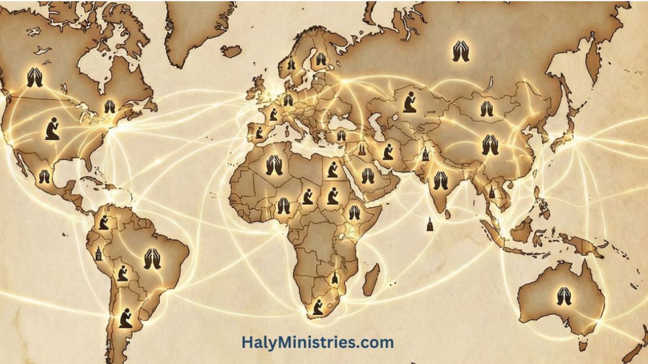 World map illustration featuring praying hands and a kneeling figures, symbolising two prophetic dreams about Donald Trump received by Haly Ministries prophetic voice to the nations in 2016 and 2020