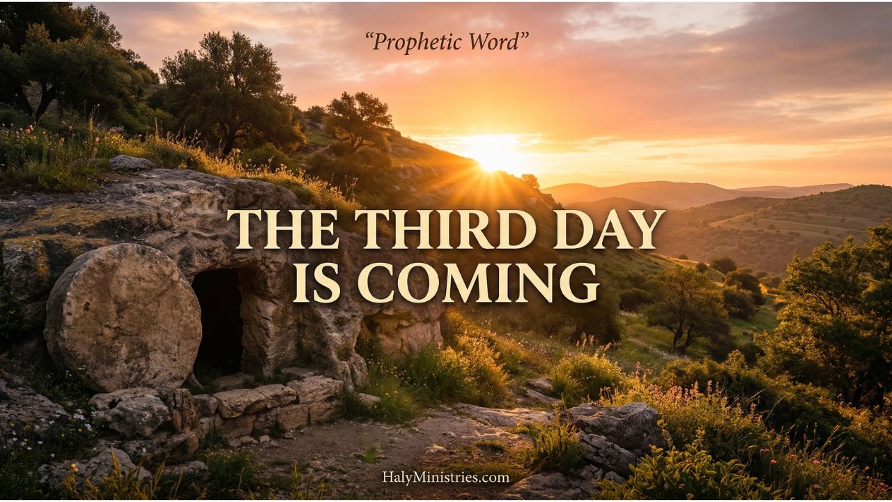 Prophetic Word for April 2026 The Third Day Is Coming sunrise over open tomb representing resurrection hope by Haly Ministries