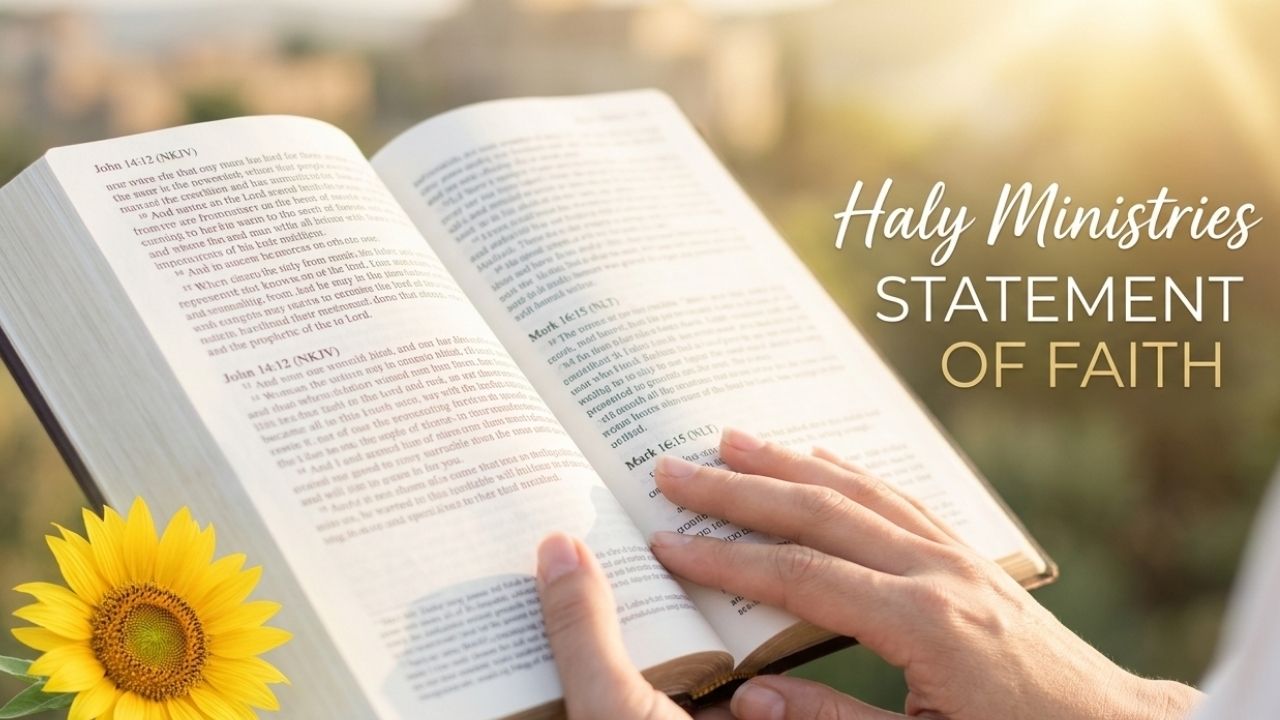 Open Bible with golden sunlight and a sunflower - Haly Ministries Statement of Faith and Biblical Beliefs.