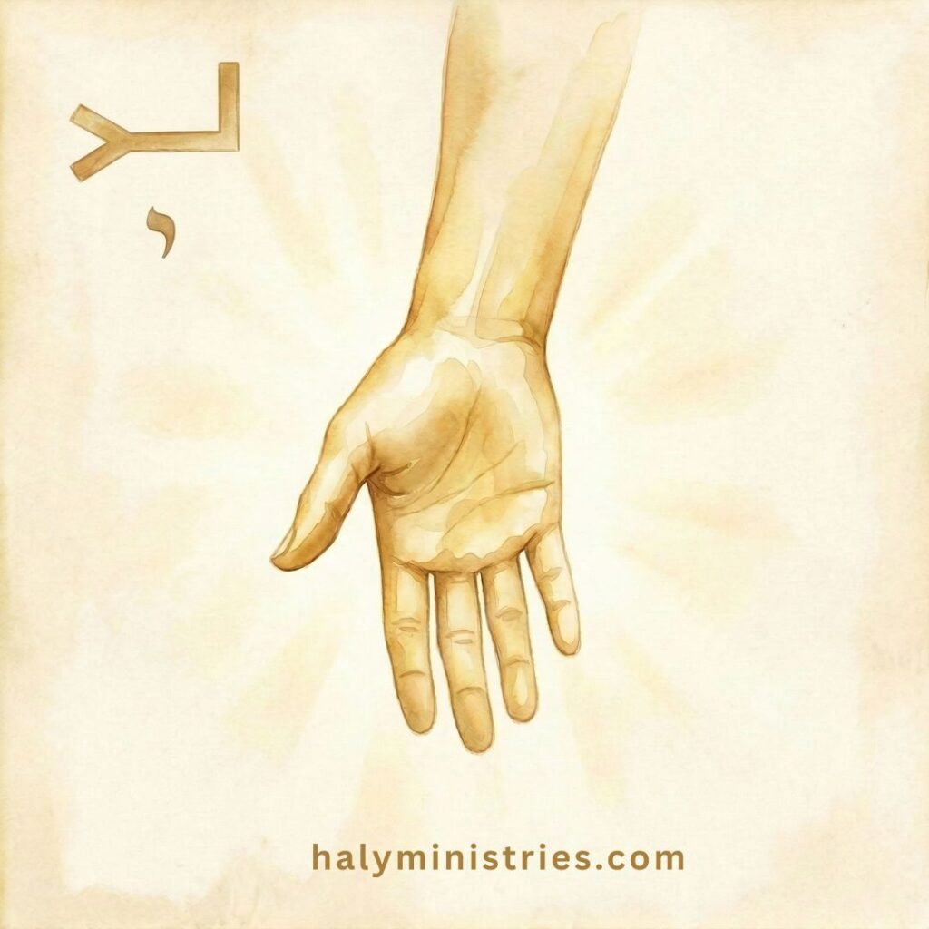Ancient Hebrew pictograph of the letter Yud depicted as an open hand reaching down, representing God's active hand at work in our lives, illustrating the meaning of Yud from a Hebrew perspective by Haly Ministries