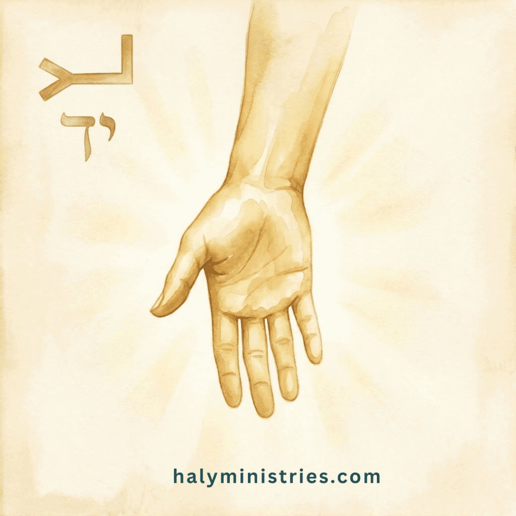 Ancient Hebrew pictograph of the letter Yud depicted as an open hand reaching down, representing God's active hand at work in our lives, illustrating the meaning of Yud from a Hebrew perspective by Haly Ministries